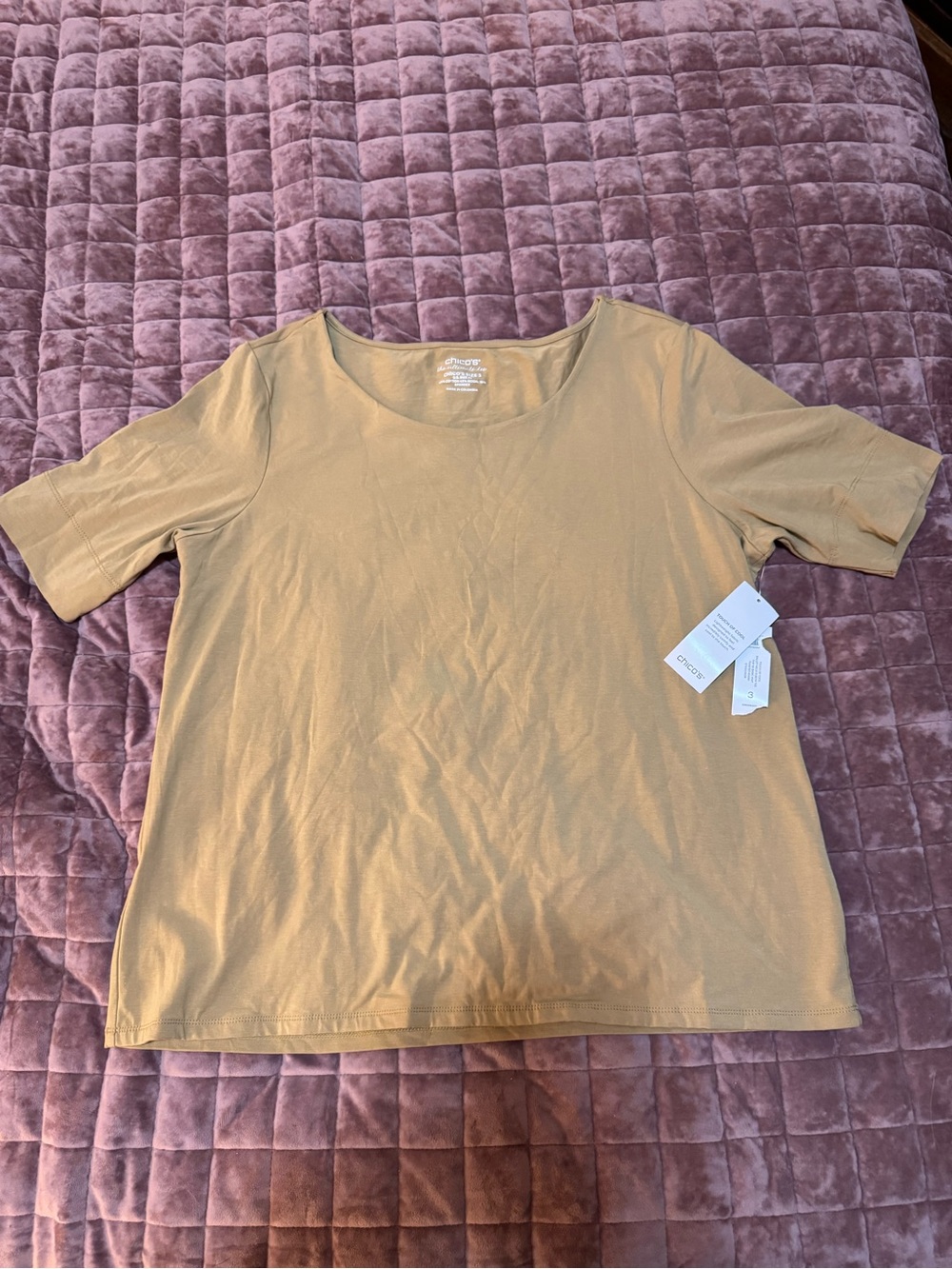 NWT Chico’s Touch of Cool Ballet Neck Elbow Sleeve Tee Camel Size 3
